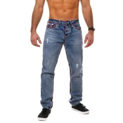 Angebote ⭐ Amica Herren Denim 👖 Jeans Hose Straight Leg Gerade Passform Vintage Look Mit Kontrastnähte, Grösse:W30, Farbe:Blau / Rot-Weiß-Destroyed 🛒